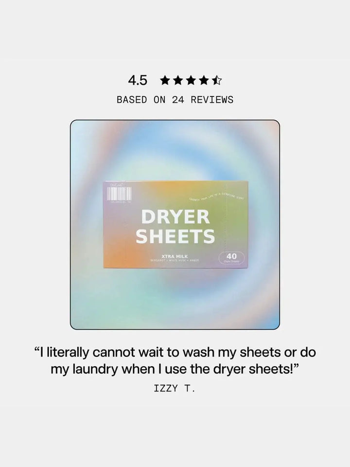 A box of Dedcool Dryer Sheets Xtra Milk is displayed in a promotional graphic with a 4.5-star review rating and a customer quote underneath | Twentyseven Toronto