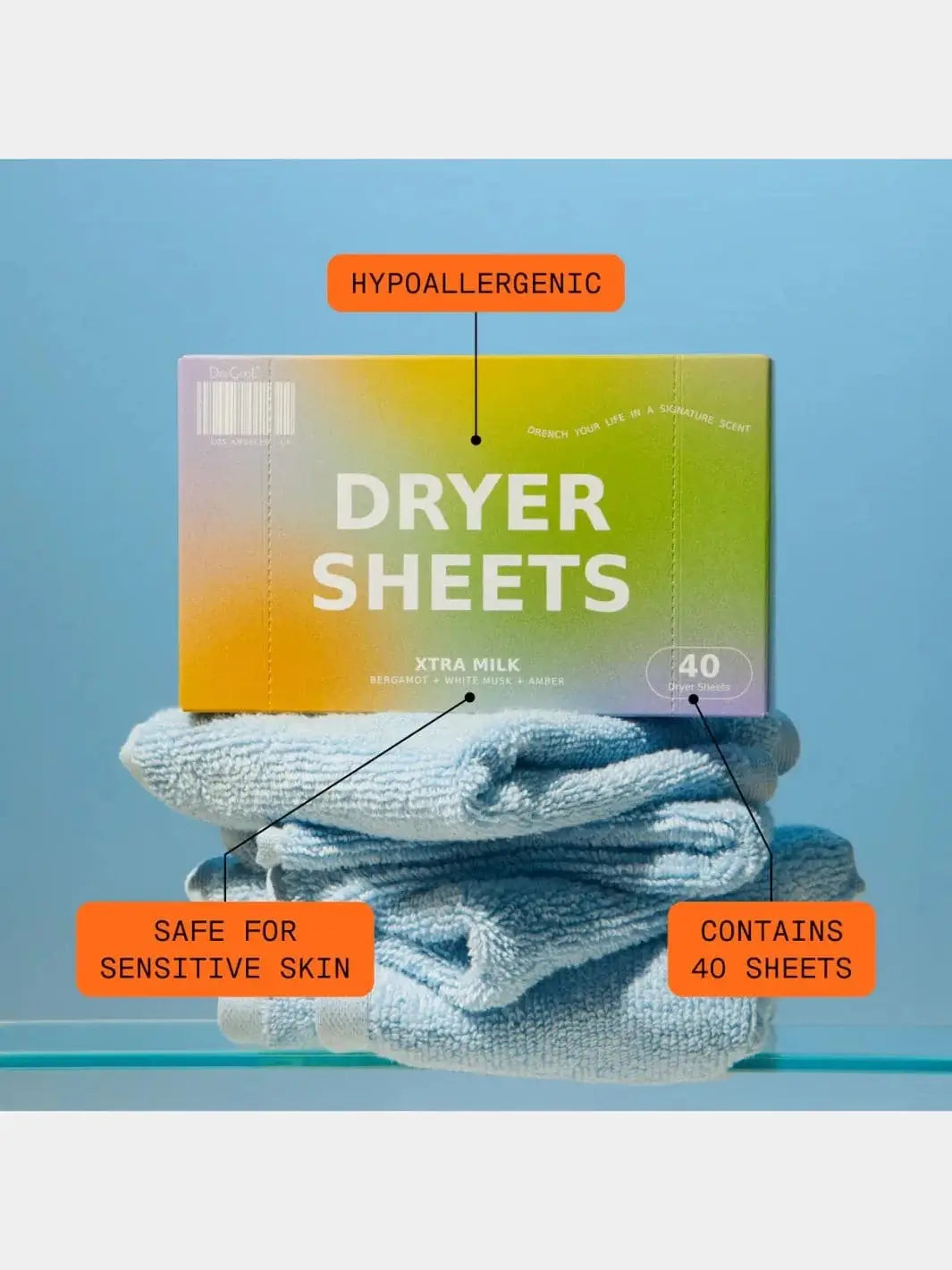 A box of Dedcool Dryer Sheets Xtra Milk rests on a stack of folded blue towels against a solid blue background, with orange labels pointing out product benefits | Twentyseven Toronto