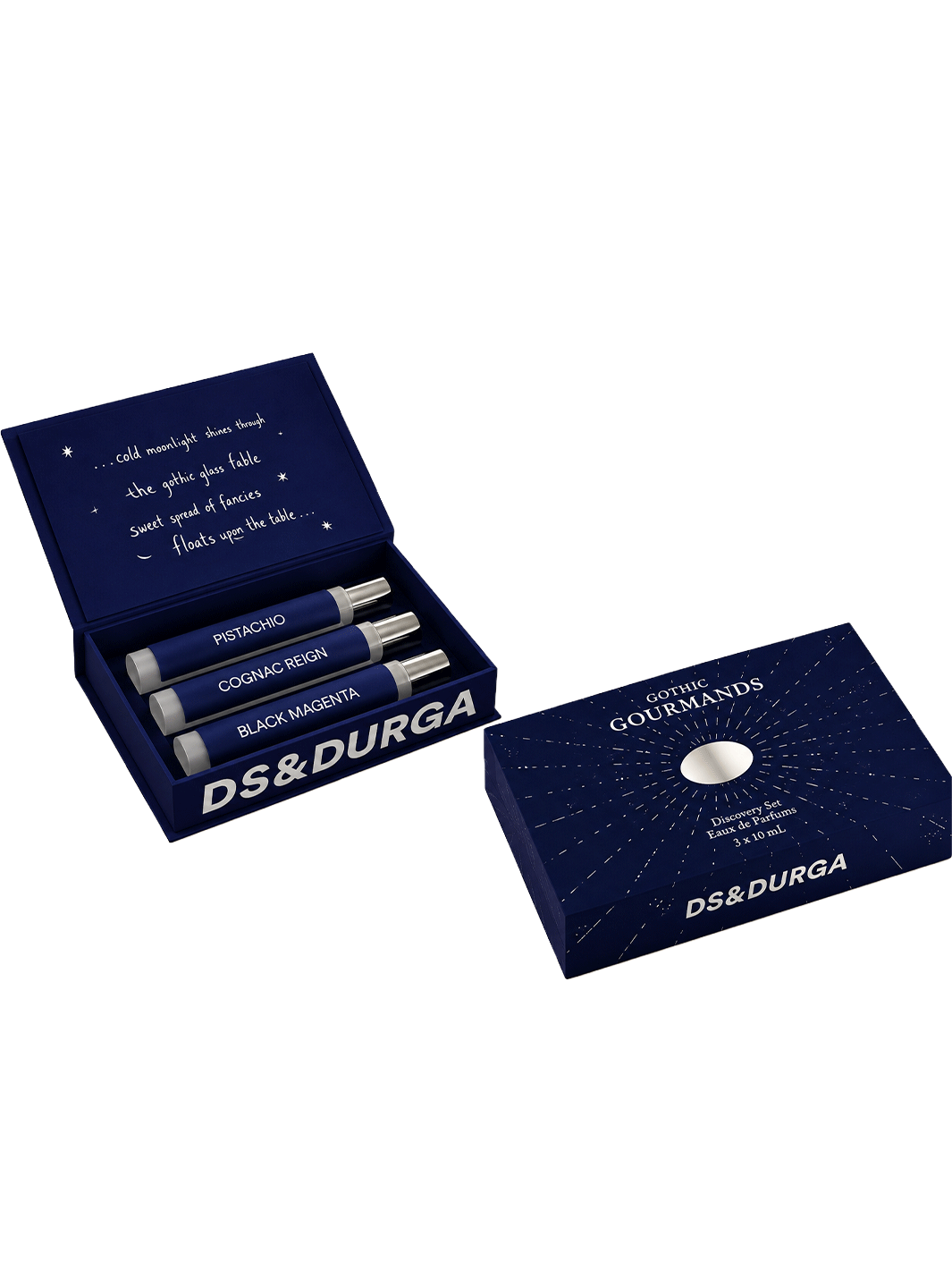 D.S. & Durga Gothic Gourmands Discovery Set featuring Pistachio, Cognac Reign and Black Magenta fragrances in a navy gift box | Twentyseven Toronto