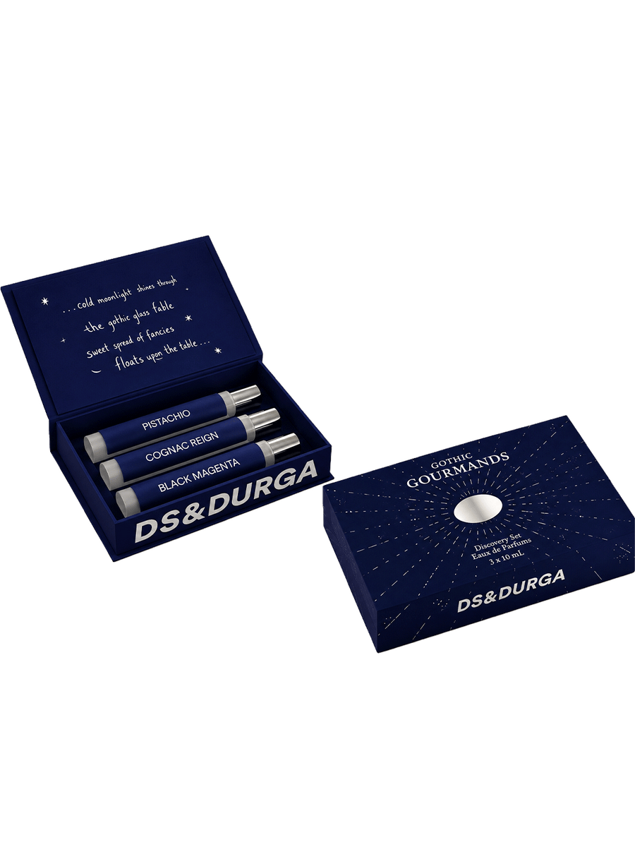D.S. & Durga Gothic Gourmands Discovery Set featuring Pistachio, Cognac Reign and Black Magenta fragrances in a navy gift box | Twentyseven Toronto