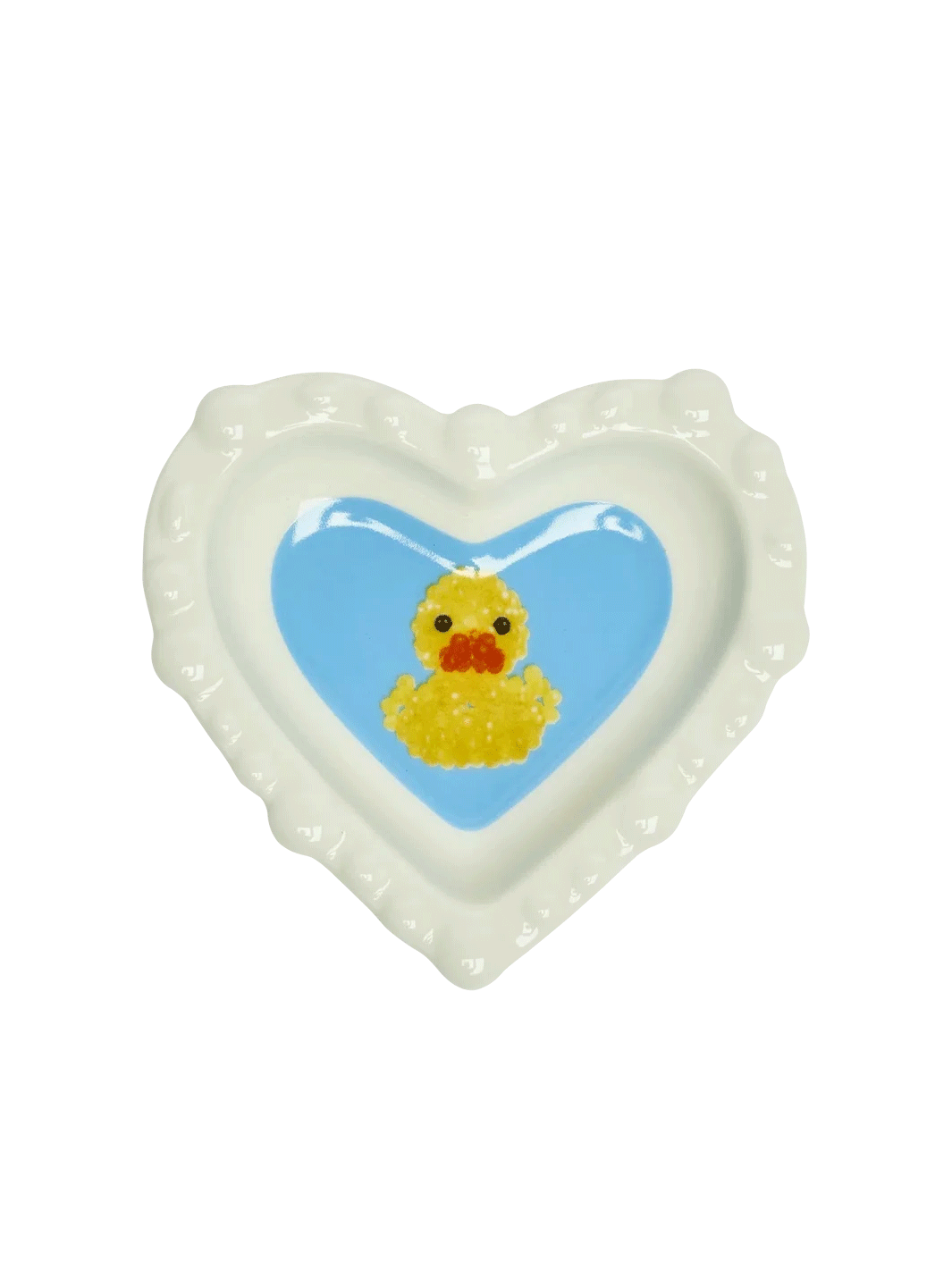 Fishs Eddy x Susan Alexandra Duckie Dish featuring a yellow duck on a blue heart-shaped centre with scalloped white edges | Twentyseven Toronto