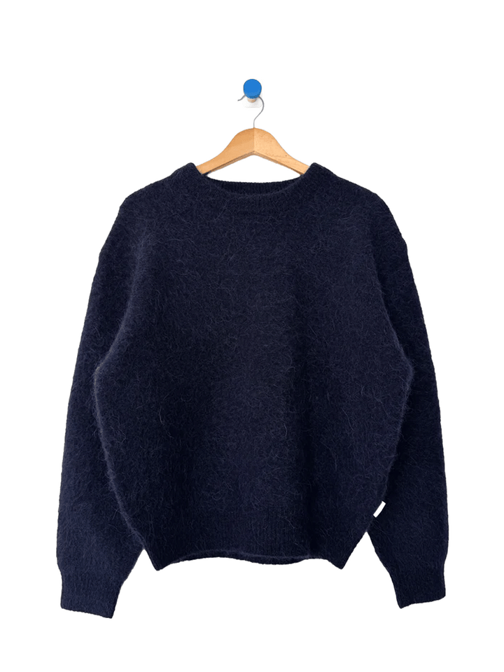 Le Bon Shoppe Elio Crew Neck Alpaca Sweater in Navy, featuring a soft textured knit and relaxed boxy silhouette | Twentyseven Toronto