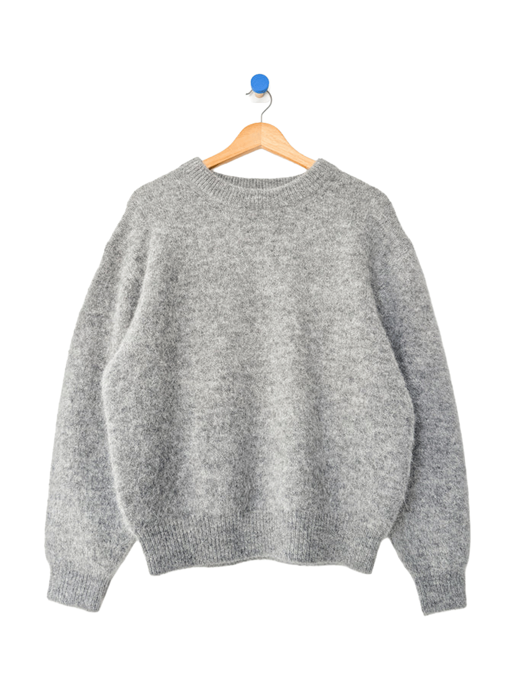 Le Bon Shoppe Elio Crew Neck Alpaca Sweater in Heather Grey displayed on a wooden hanger, featuring a classic crew neckline and boxy silhouette | Twentyseven Toronto