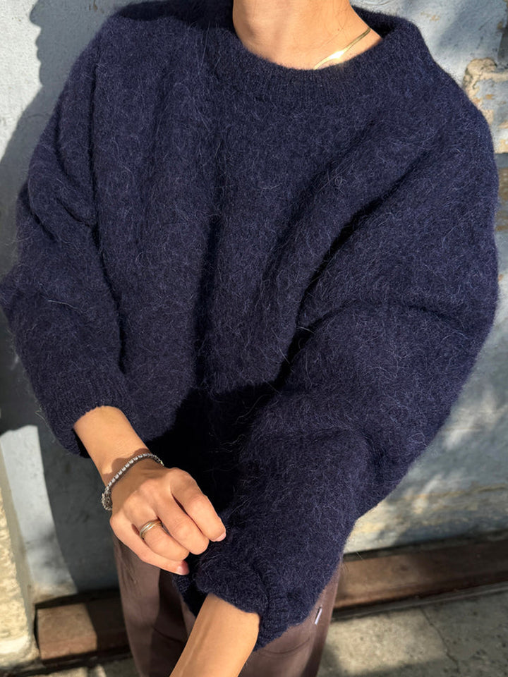 Close-up of the Elio Crew Neck Alpaca Sweater in Navy, highlighting its soft alpaca-blend texture and crew neckline | Twentyseven Toronto