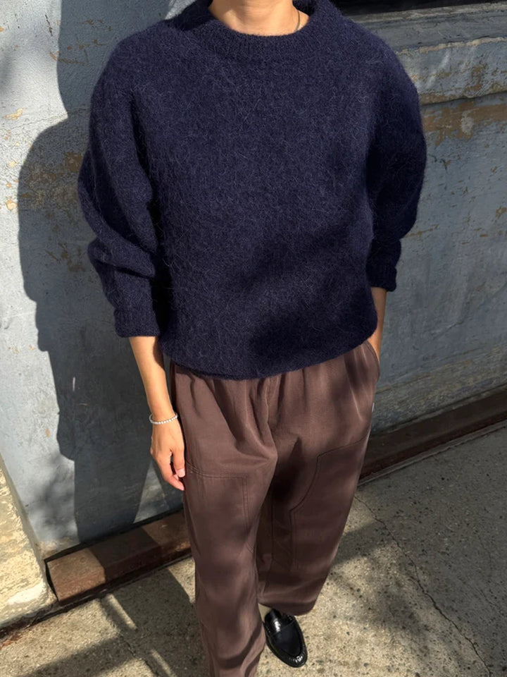 Elio Crew Neck Alpaca Sweater in Navy styled with brown trousers and black loafers for a relaxed everyday look | Twentyseven Toronto