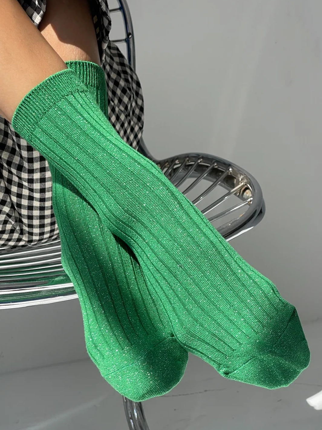 Le Bon Shoppe Her Socks Lurex in Emerald Glitter worn with a black and white gingham outfit | Twentyseven Toronto