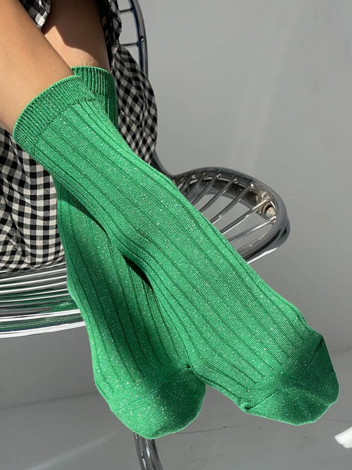 Le Bon Shoppe Her Socks Lurex in Emerald Glitter worn with a black and white gingham outfit | Twentyseven Toronto