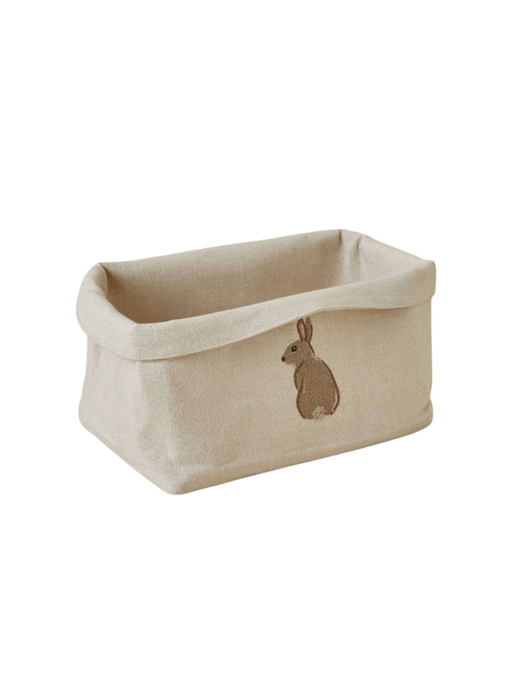 Beige fabric bread basket with a rabbit embroidery from Sylvie Thiriez on a transparent background | Twentyseven Toronto