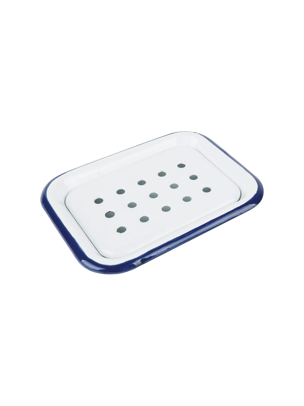 Rectangular white soap dish with blue rim from Burstenhaus Redecker on a transparent background | Twentyseven Toronto