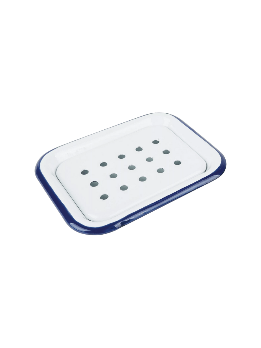 Rectangular white soap dish with blue rim from Burstenhaus Redecker on a transparent background | Twentyseven Toronto