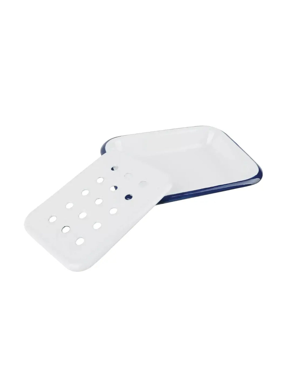 Rectangular white soap dish with blue rim from Burstenhaus Redecker on a transparent background | Twentyseven Toronto