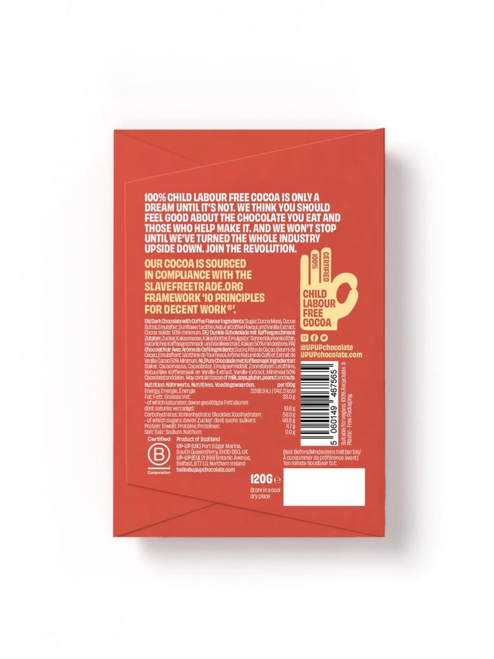 Back of Dark Chocolate Espresso in orange packaging from 'Up Up Chocolate' on a white background | Twentyseven Toronto