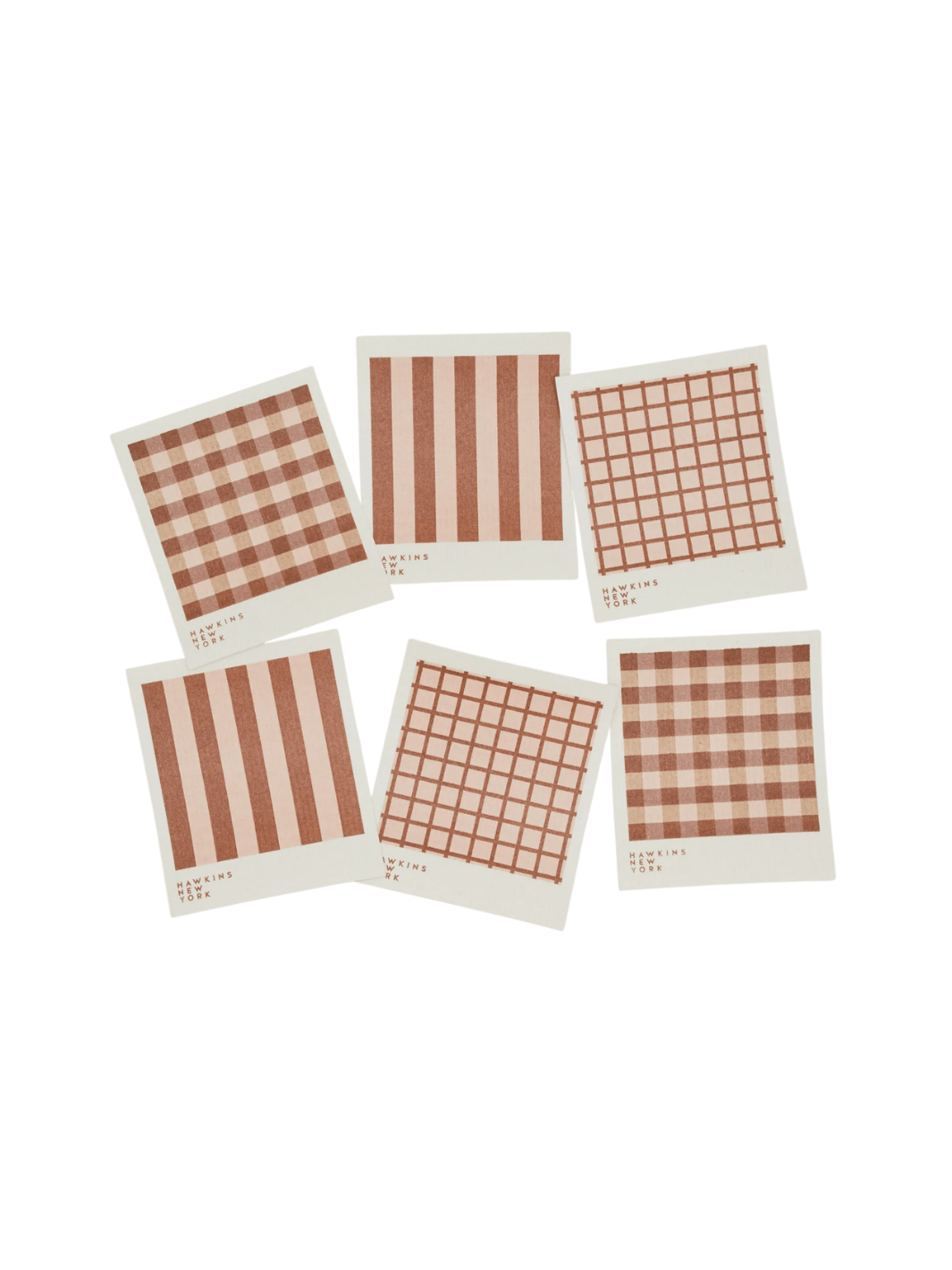 Six sponge cloths featuring assorted red plaid, striped, and windowpane patterns are arranged against a black background to showcase the complete Essential Swedish Dishcloth in Blush/Terracotta (Set of 6) from Hawkins New York | Twentyseven Toronto