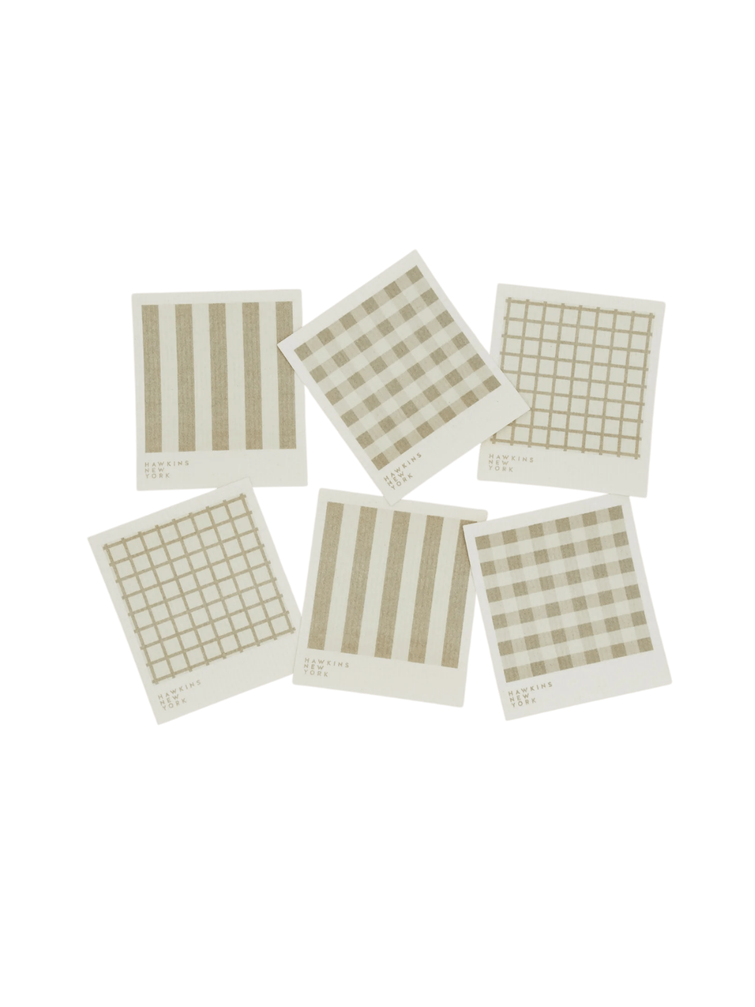 Six sponge cloths featuring assorted ivory plaid, striped, and windowpane patterns are arranged against a black background to showcase the complete Essential Swedish Dishcloth in Ivory/Flax (Set of 6) from Hawkins New York | Twentyseven Toronto