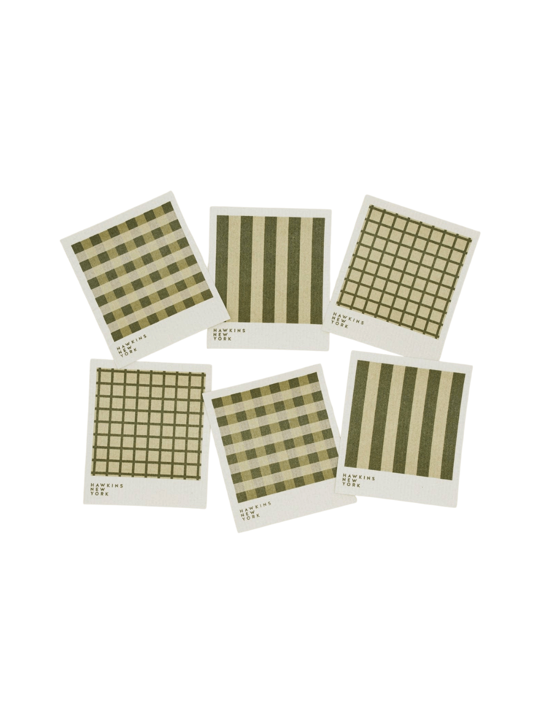 Six sponge cloths featuring assorted green plaid, striped, and windowpane patterns are arranged against a black background to showcase the complete Essential Swedish Dishcloth in Sage/Olive (Set of 6) from Hawkins New York | Twentyseven Toronto