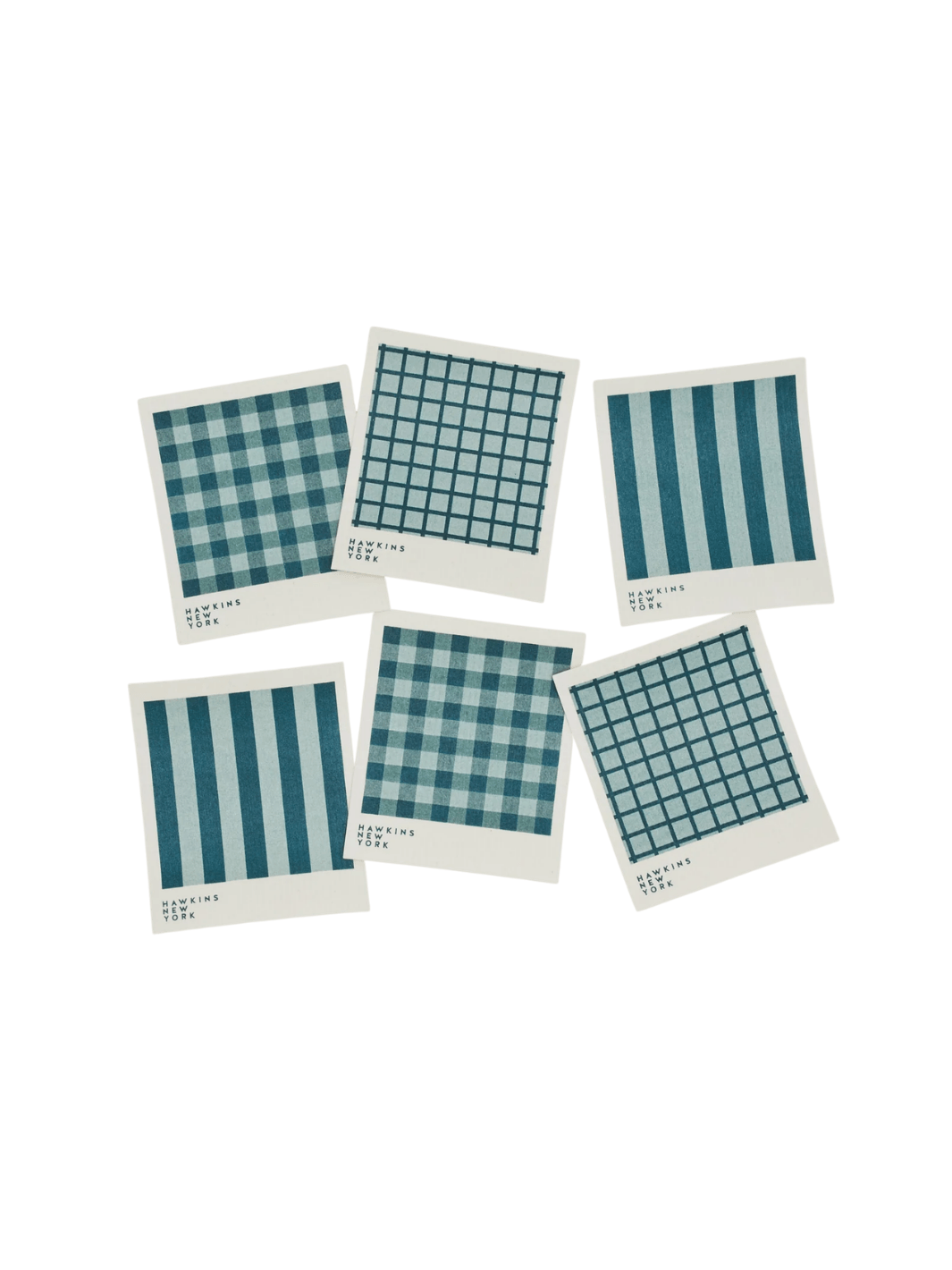 Six sponge cloths featuring assorted blue plaid, striped, and windowpane patterns are arranged against a black background to showcase the complete Essential Swedish Dishcloth in Sky/Peacock (Set of 6) from Hawkins New York | Twentyseven Toronto