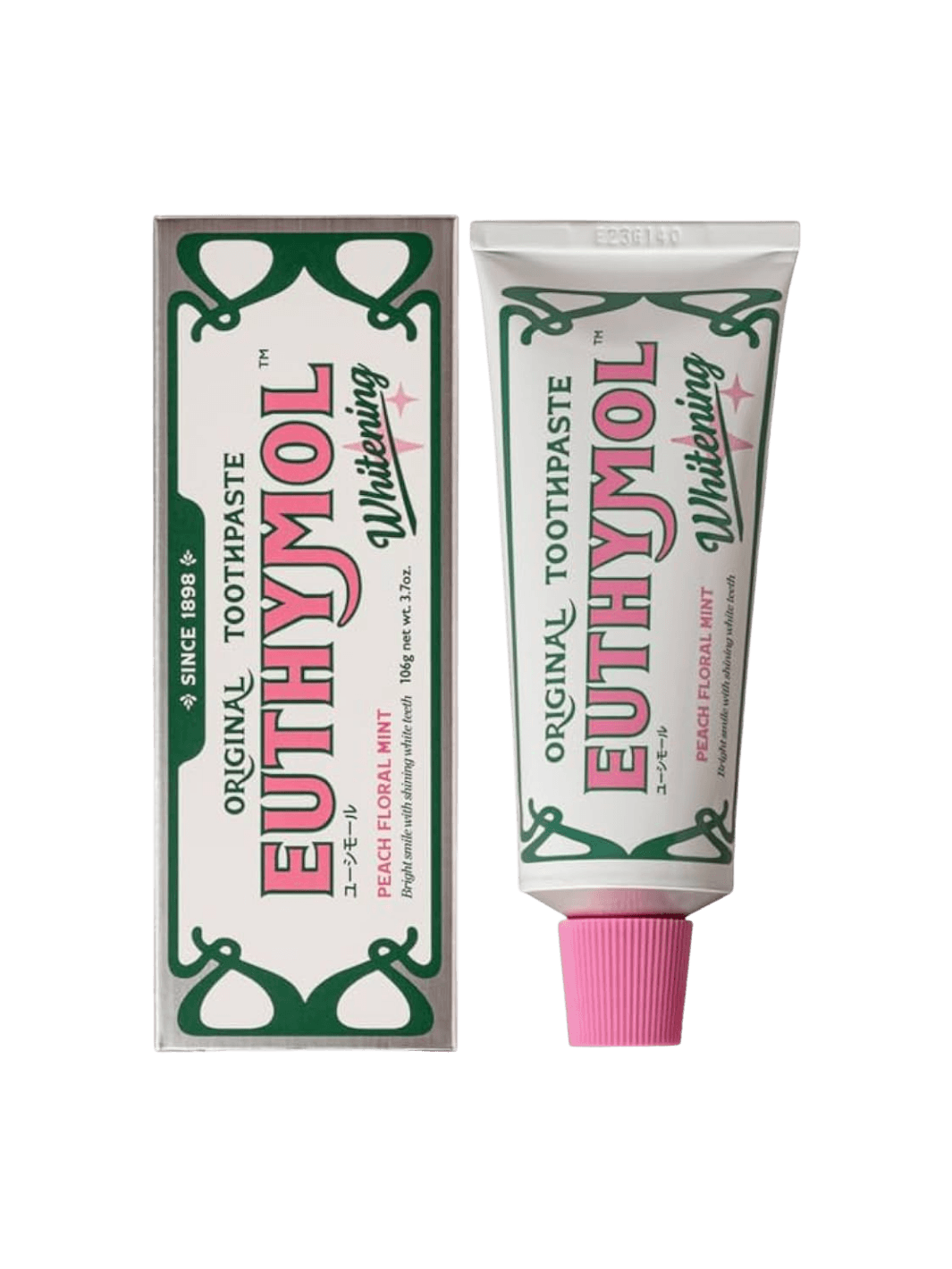 The silver-trimmed box and corresponding tube of Euthymol Original Whitening Pink Japanese Toothpaste are displayed side-by-side against a transparent background | Twentyseven Toronto