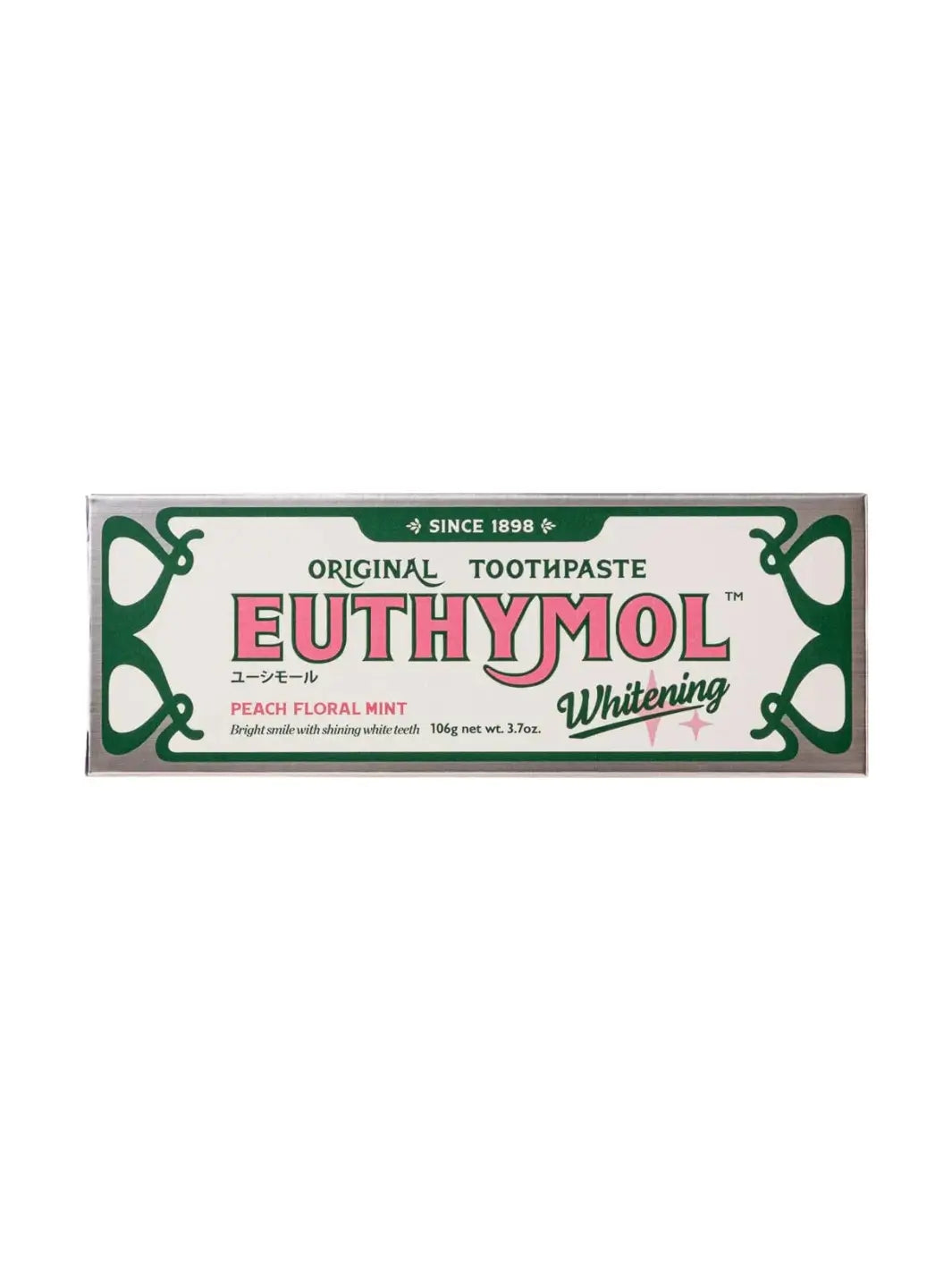 The horizontal front face of the packaging for Euthymol Original Whitening Pink Japanese Toothpaste features its iconic "Since 1898" heritage branding and "Peach Floral Mint" flavour profile | Twentyseven Toronto
