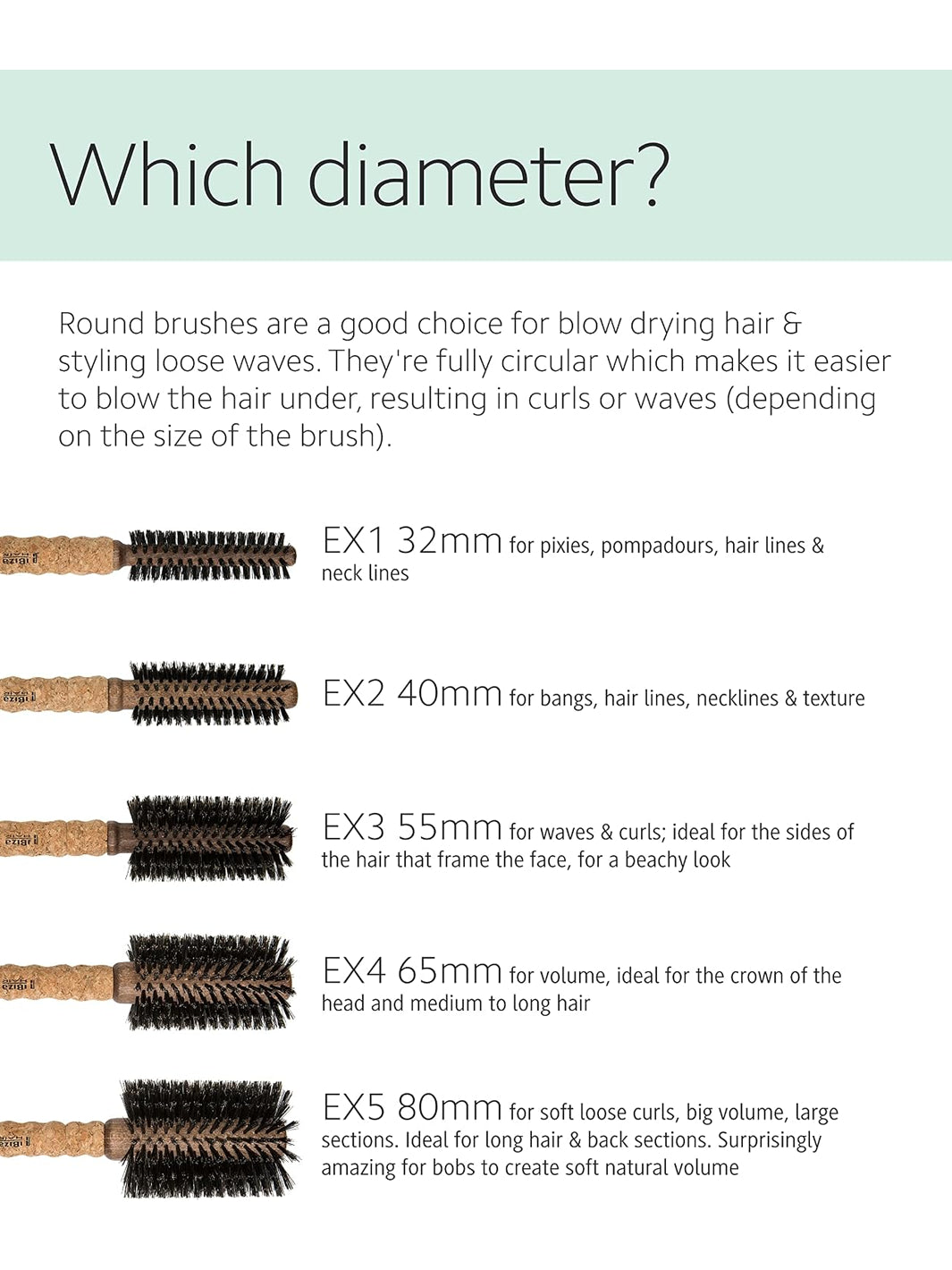 Ibiza Hair EX Series round brush size guide comparing EX1 through EX5 diameters for different hair lengths, sections, curls, waves and volume | Twentyseven Toronto