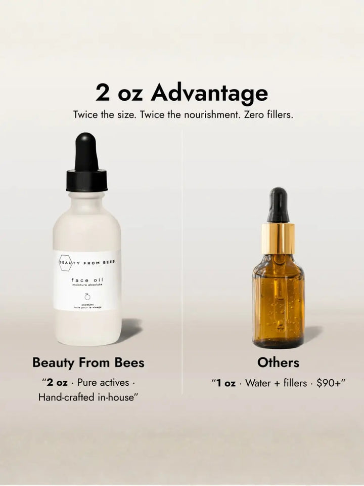 Two skincare product bottles with text highlighting the 'Face Oil' by Beauty from Bees and comparison to other products | Twentyseven Toronto