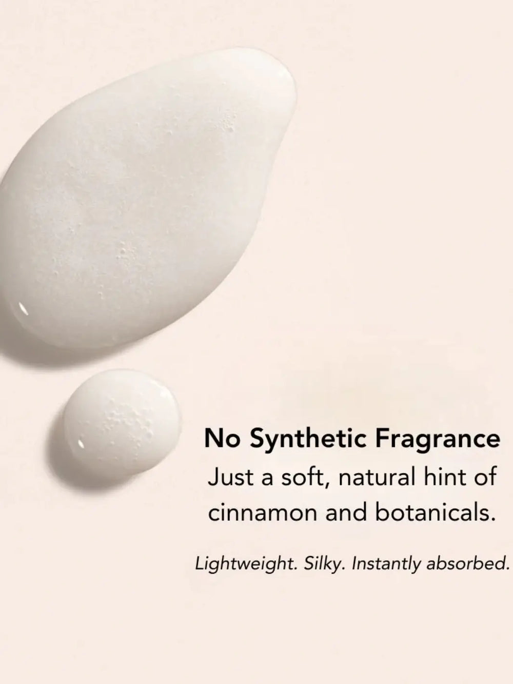 Two droplets of a Hyaluronic Face Serum from Beauty from Bees on a light beige background with text about fragrance and product properties | Twentyseven Toronto