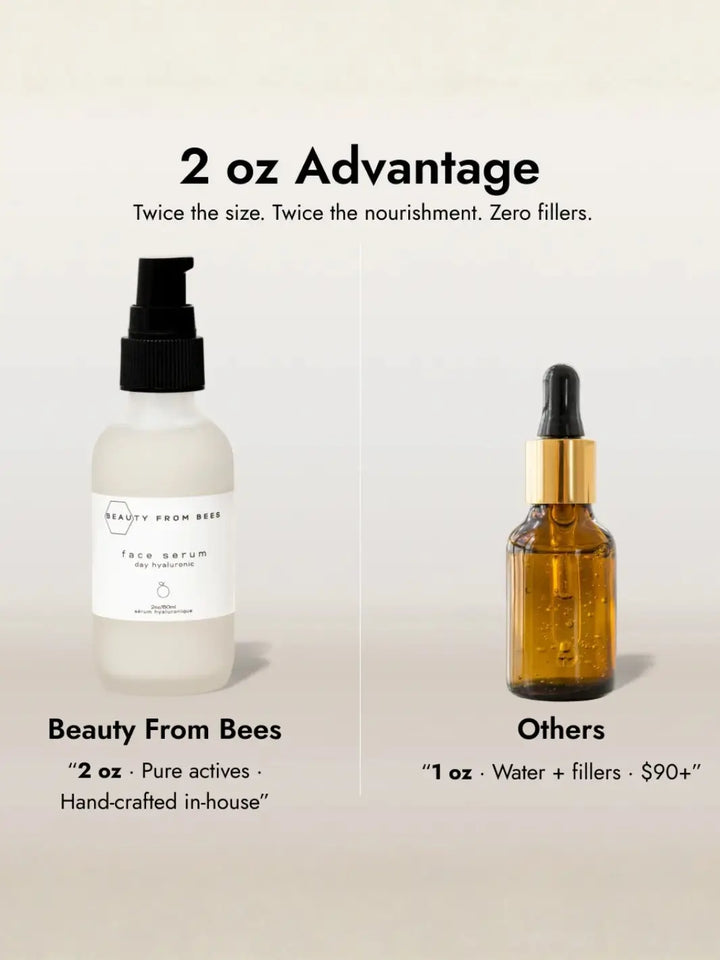 Comparison of two skincare products with text highlighting the benefits of Beauty From Bees' Face Serum with Hyaluronic acid vs. competitors | Twentyseven Toronto