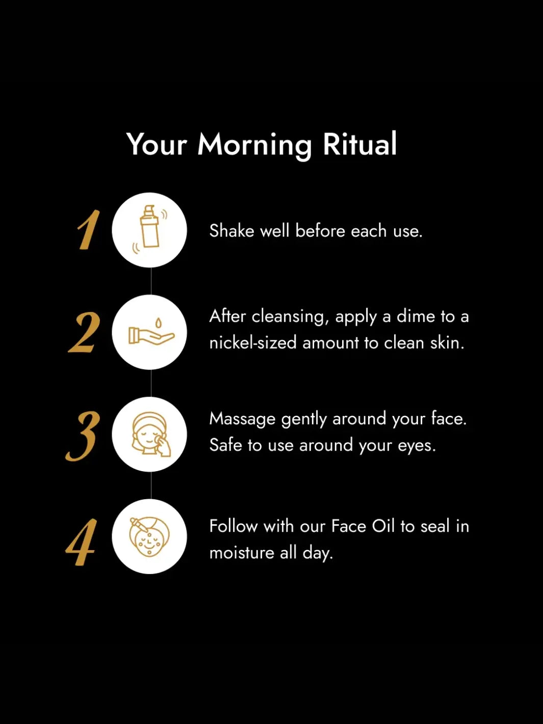 Step-by-step morning skincare ritual guide for Face Serum by Beauty from Bees on a black background | Twentyseven Toronto