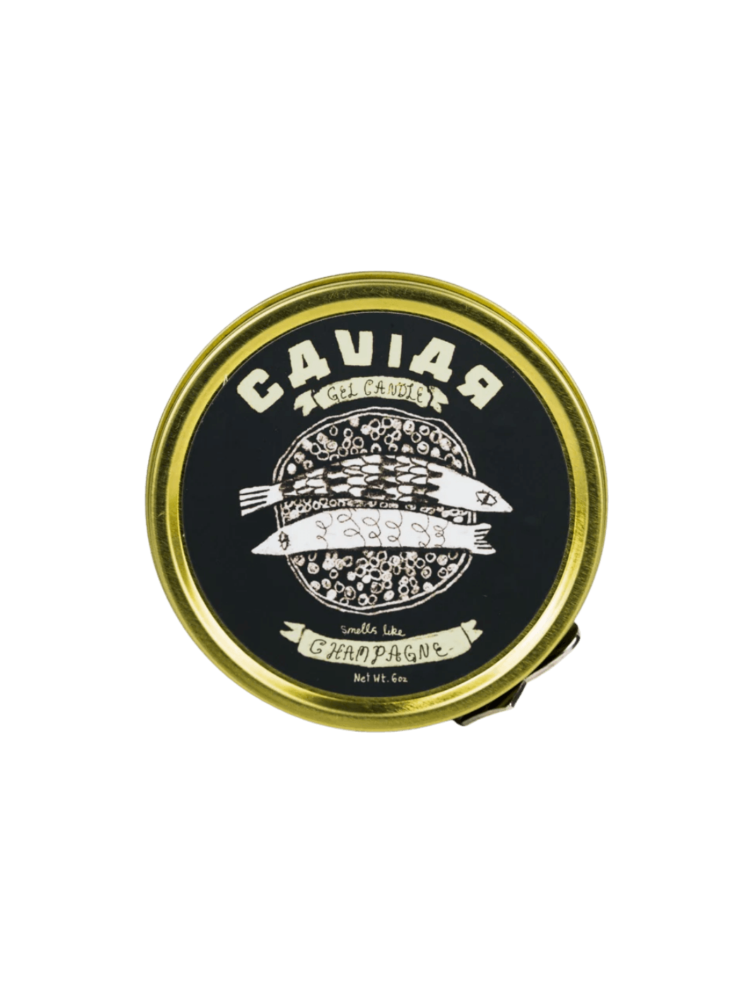 Fancy Caviar Candle in gold tin container and black label from Tinned Fish Candle on a transparent background | Twentyseven Toronto