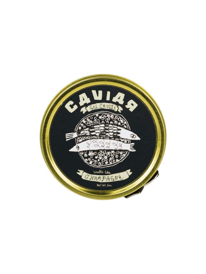 Fancy Caviar Candle in gold tin container and black label from Tinned Fish Candle on a transparent background | Twentyseven Toronto