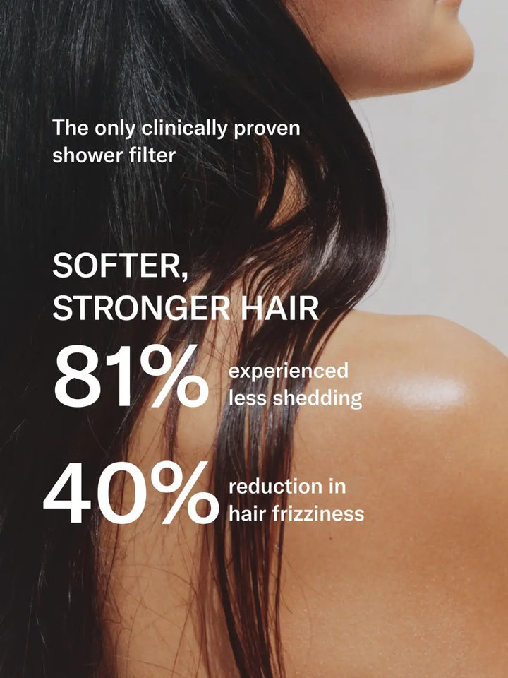 An informational graphic over a close-up of a person's dark hair in the shower stating that clinical trials of the Jolie Skin Co The Filtered Shower Head resulted in an 81% reduction in shedding and a 40% reduction in hair frizziness | Twentyseven Toronto
