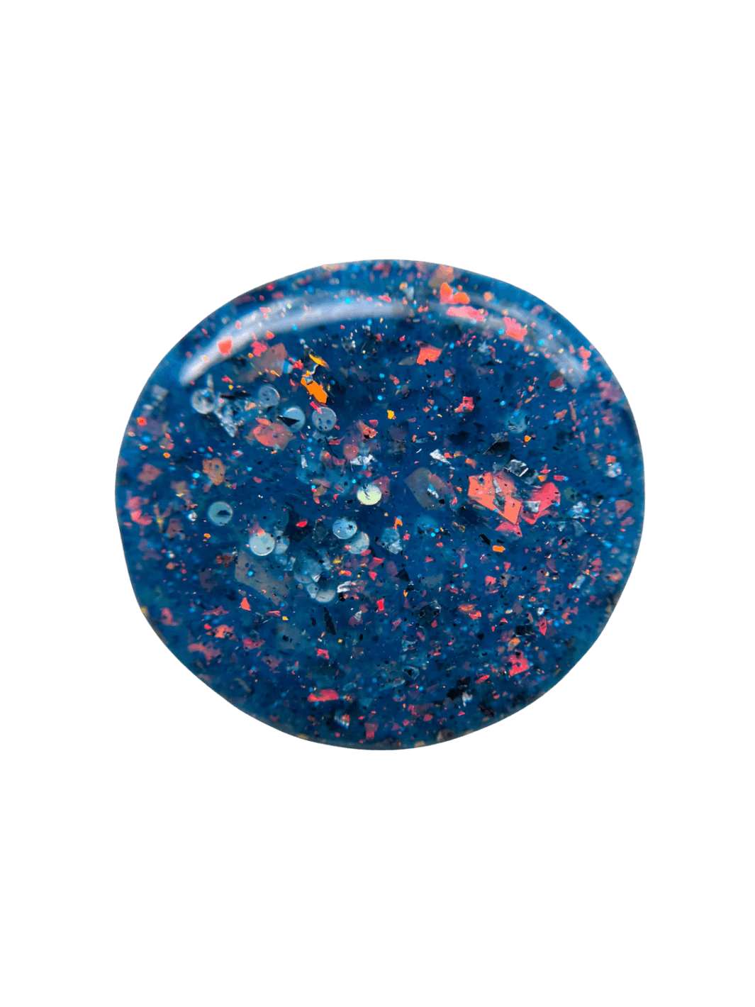 Circular dollop color swatch of Death Valley Nails Fish Scales Nail Polish, showing its deep teal-blue base packed with vibrant orange, gold, and blue reflective flakies | Twentyseven Toronto