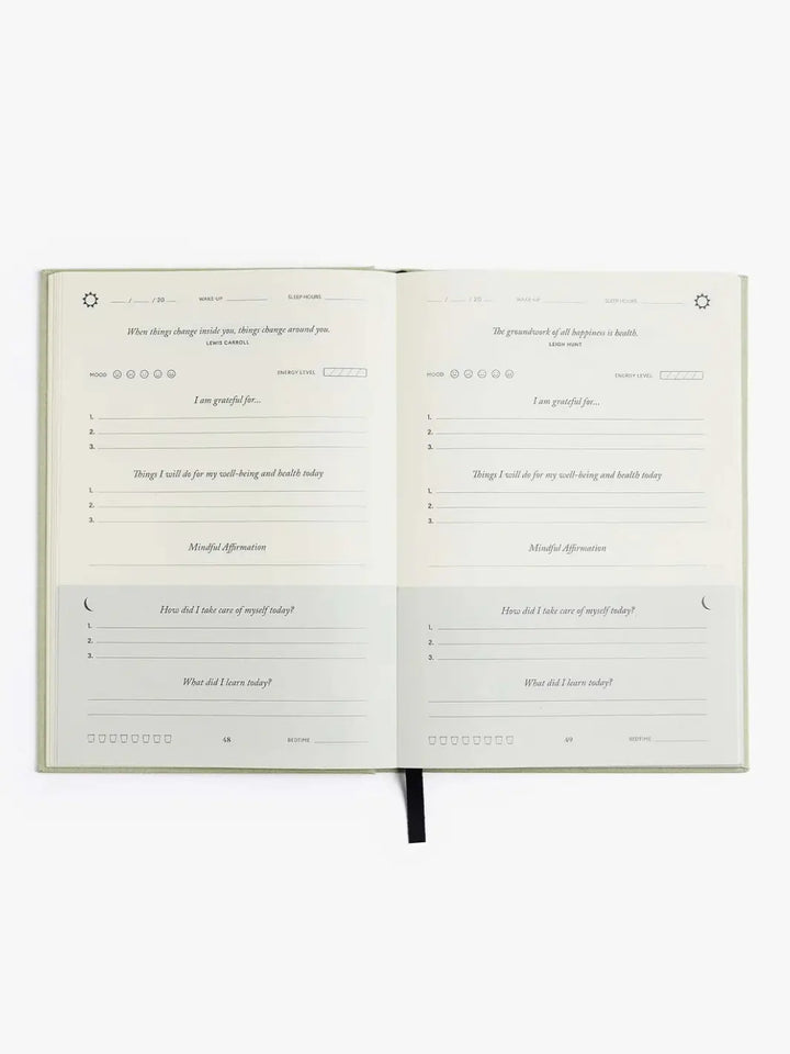 A flat lay view shows two blank daily tracking pages inside the open Intelligent Change The Five Minute Journal Health & Fitness Edition against a plain white background | Twentyseven Toronto
