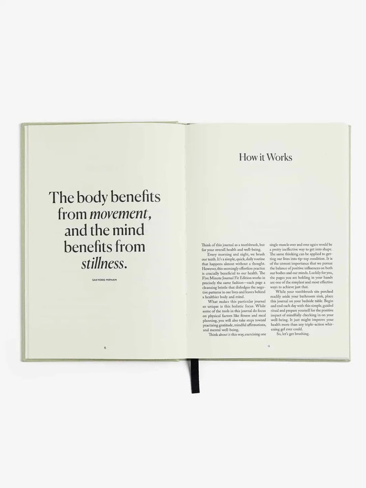 An open spread of the Intelligent Change The Five Minute Journal Health & Fitness Edition features an inspirational quote about body and mind alongside an introductory text section | Twentyseven Toronto