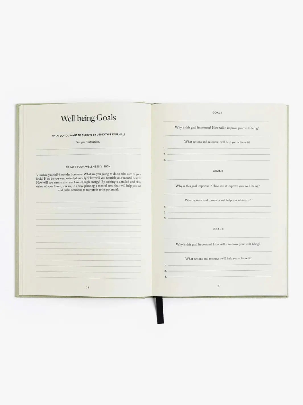 An open layout of the Intelligent Change The Five Minute Journal Health & Fitness Edition displays the dedicated "Well-being Goals" planning section spread across two pages | Twentyseven Toronto