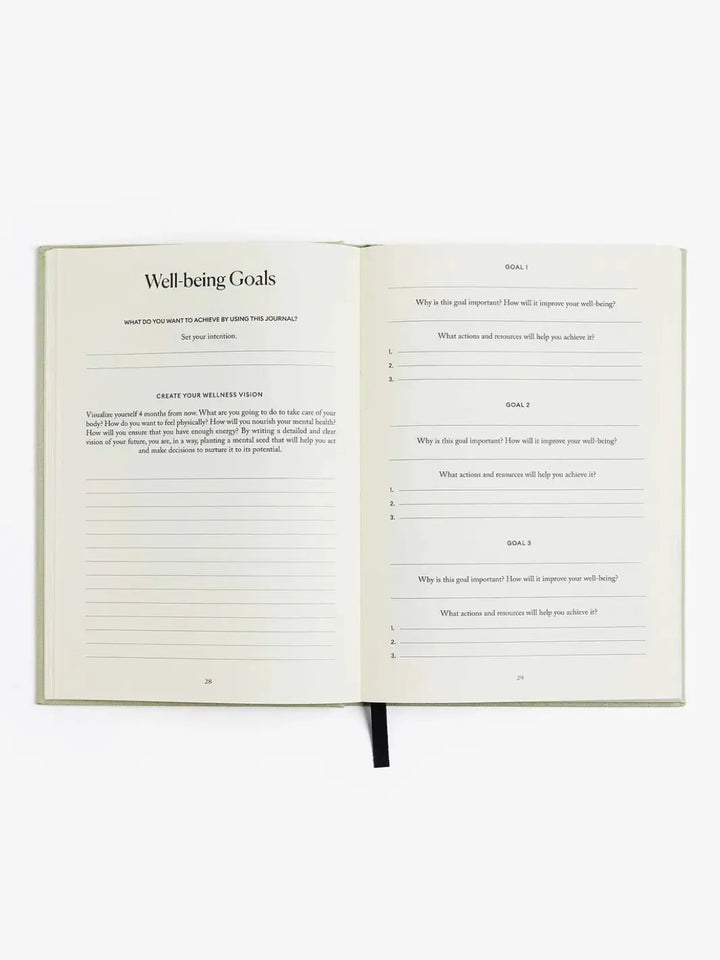 An open layout of the Intelligent Change The Five Minute Journal Health & Fitness Edition displays the dedicated "Well-being Goals" planning section spread across two pages | Twentyseven Toronto