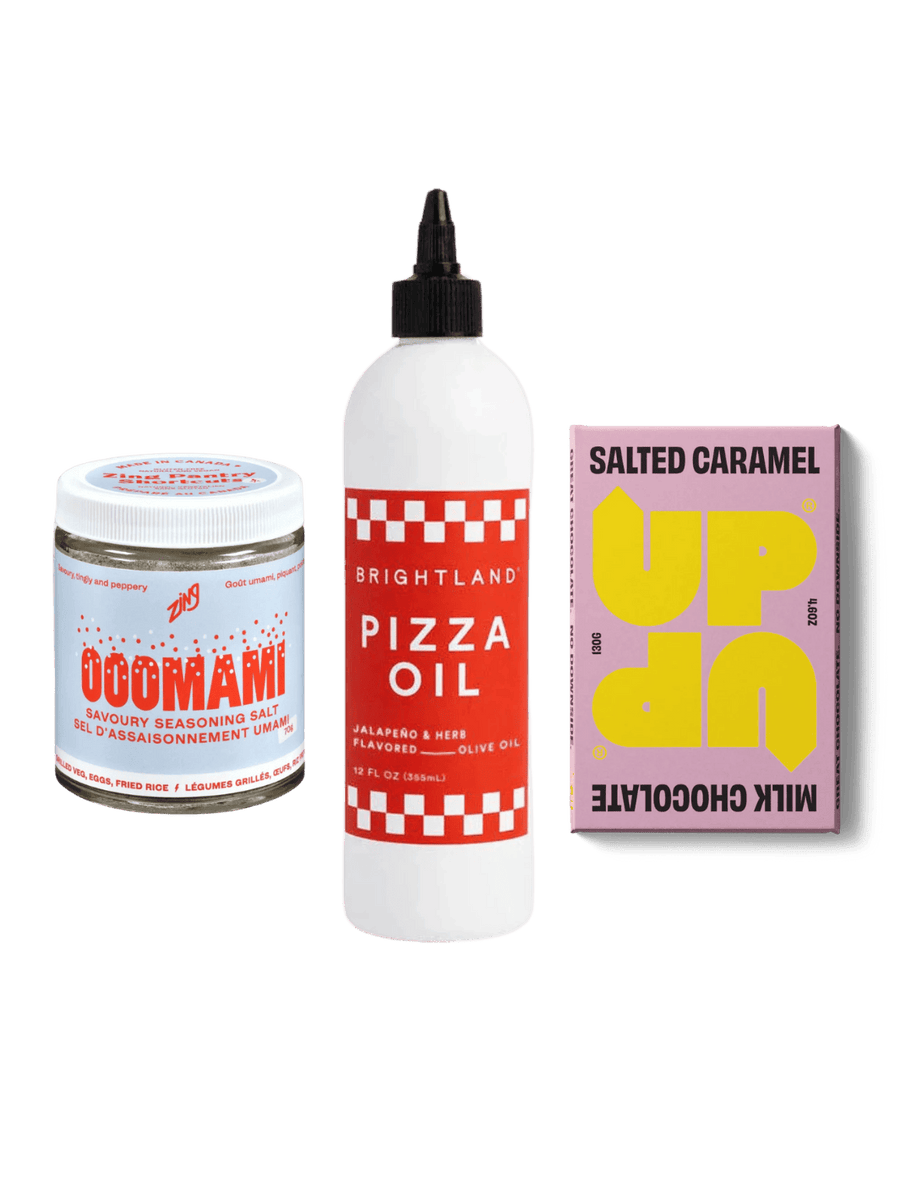 For The Foodie Bundle - Zing Pantry Shortcuts Ooomami Seasoning, Brightland Pizza Oil, Up Up Chocolate Salted Caramel Bar | Twentyseven Toronto