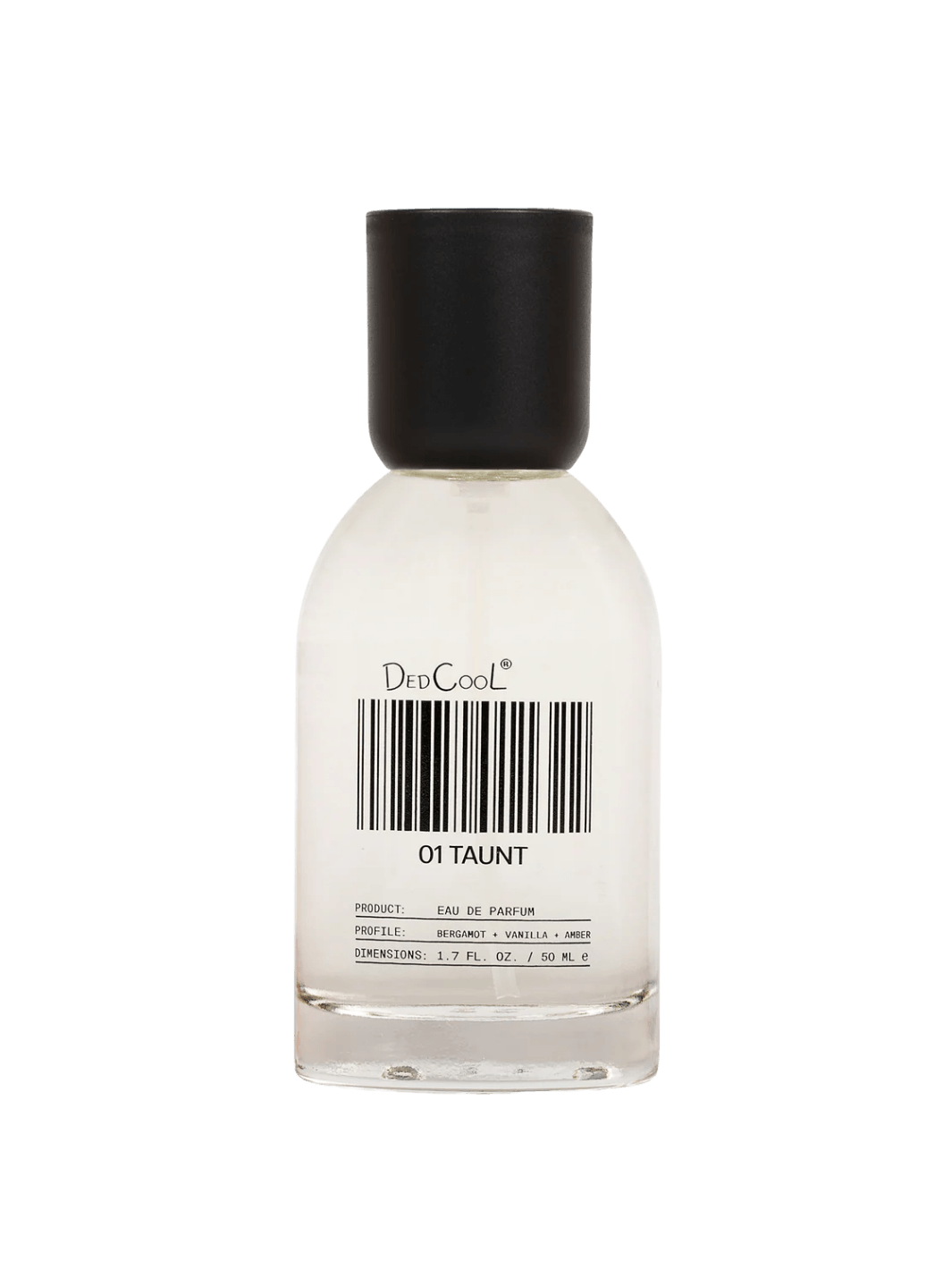 Full size 50ml bottle of Dedcool Fragrance 01 "Taunt" featuring its signature barcode label and a black cap | Twentyseven Toronto
