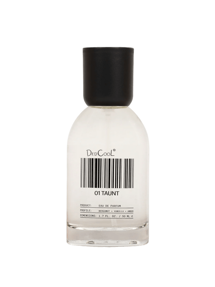 Full size 50ml bottle of Dedcool Fragrance 01 "Taunt" featuring its signature barcode label and a black cap | Twentyseven Toronto