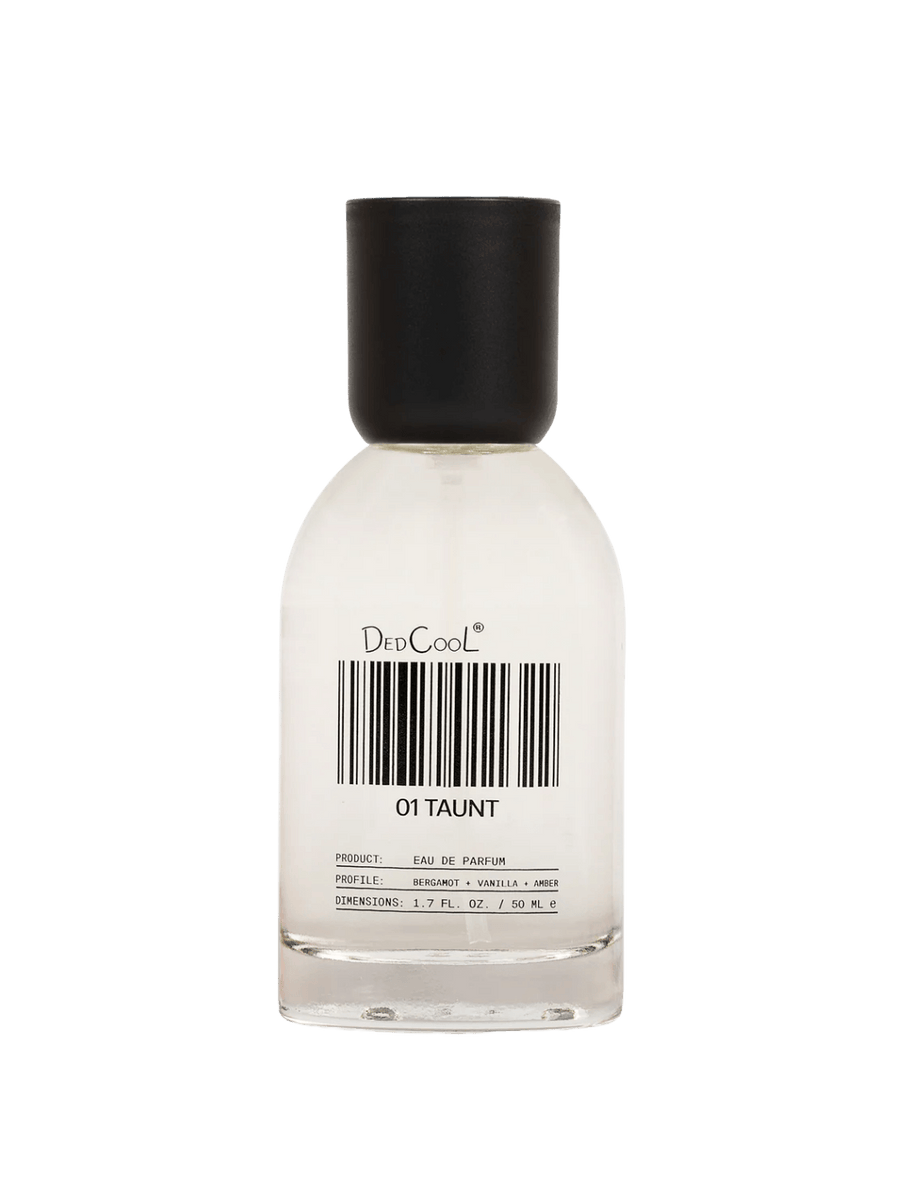Full size 50ml bottle of Dedcool Fragrance 01 "Taunt" featuring its signature barcode label and a black cap | Twentyseven Toronto