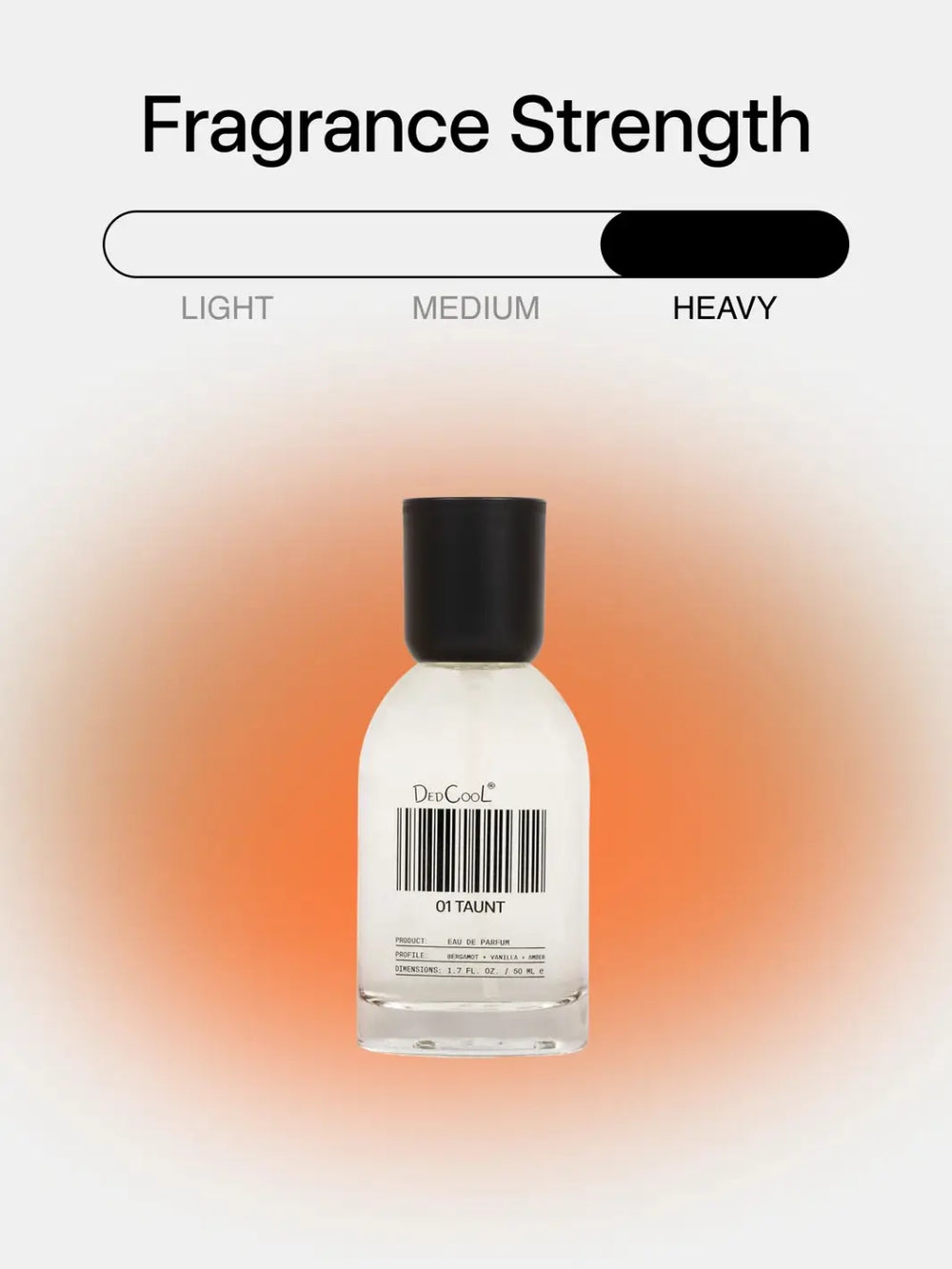 A bottle of Dedcool Fragrance 01 "Taunt Full Size 50ml" centered beneath a graphic indicating a "Heavy" fragrance strength | Twentyseven Toronto