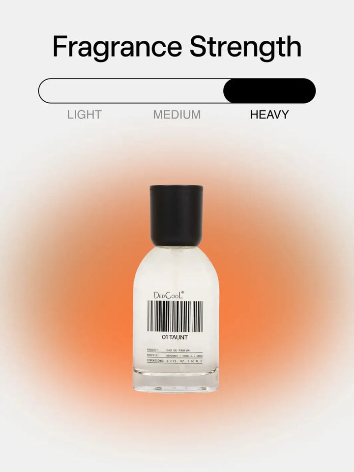 A bottle of Dedcool Fragrance 01 "Taunt Full Size 50ml" centered beneath a graphic indicating a "Heavy" fragrance strength | Twentyseven Toronto