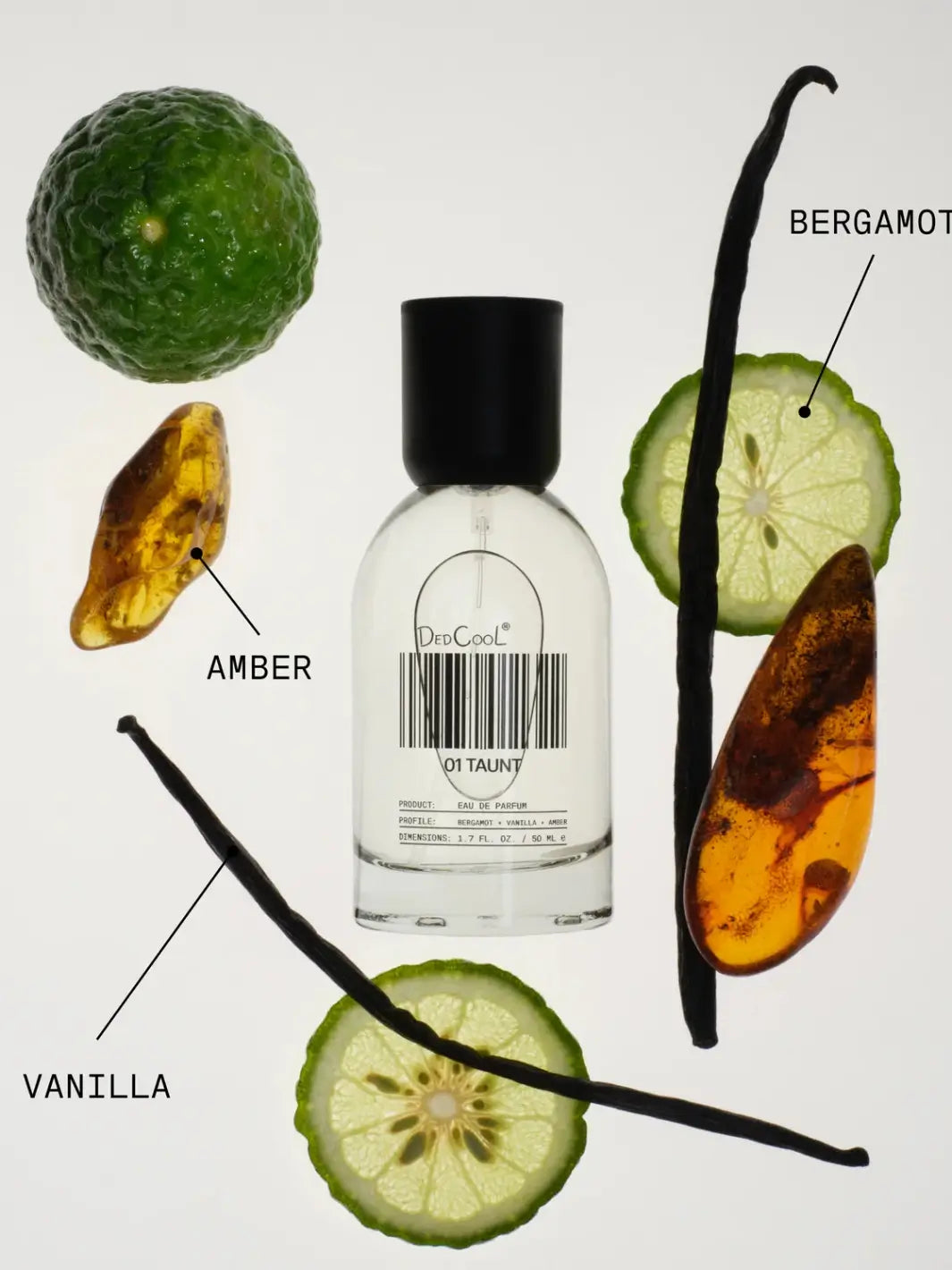 A full size 50ml bottle of Dedcool Fragrance 01 "Taunt" surrounded by its key scent notes, including pieces of amber, vanilla beans, and slices of bergamot | Twentyseven Toronto