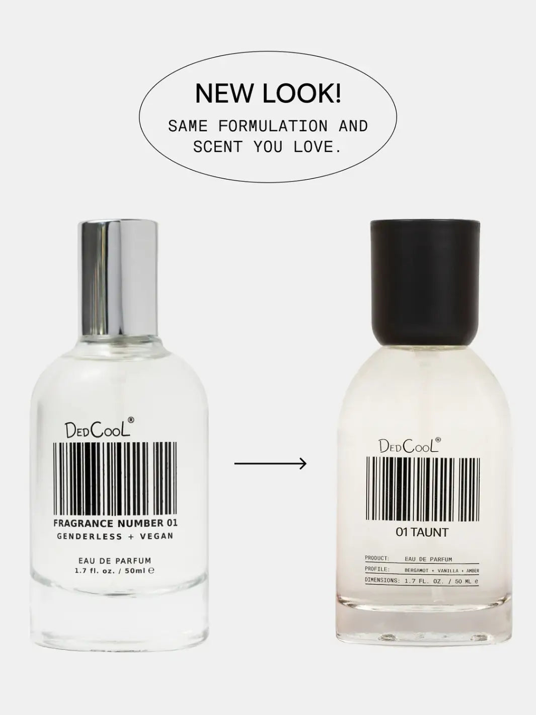 A side-by-side comparison diagram showing the old silver-capped bottle transitioning to the new black-capped packaging design for the full sized 50ml Dedcool Fragrance 01 "Taunt" | Twentyseven Toronto