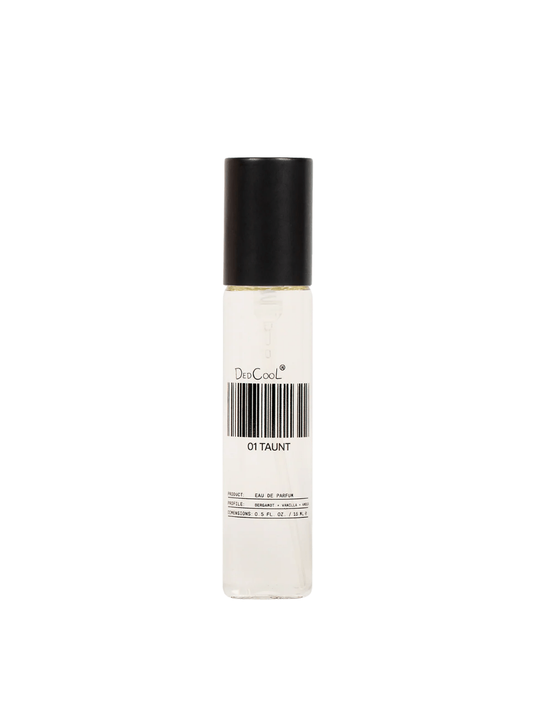 A travel sized bottle of Dedcool Fragrance 01 "Taunt" with its signature barcode label and black cap | Twentyseven Toronto