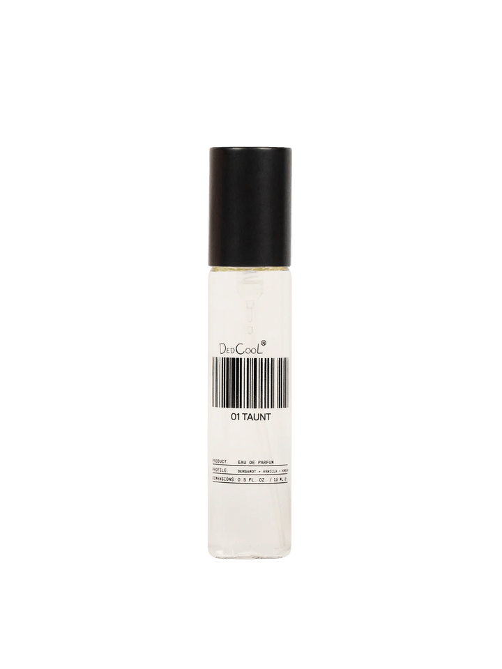 A travel sized bottle of Dedcool Fragrance 01 "Taunt" with its signature barcode label and black cap | Twentyseven Toronto
