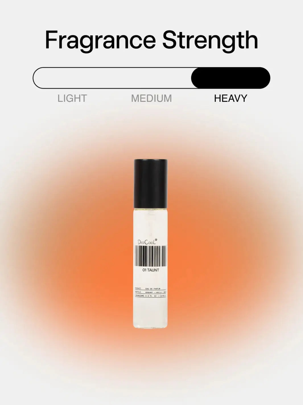 A travel size 15ml bottle of Dedcool Fragrance 01 "Taunt" in an orange gradient backdrop beneath a graphic showing a "Heavy" scent strength | Twentyseven Toronto