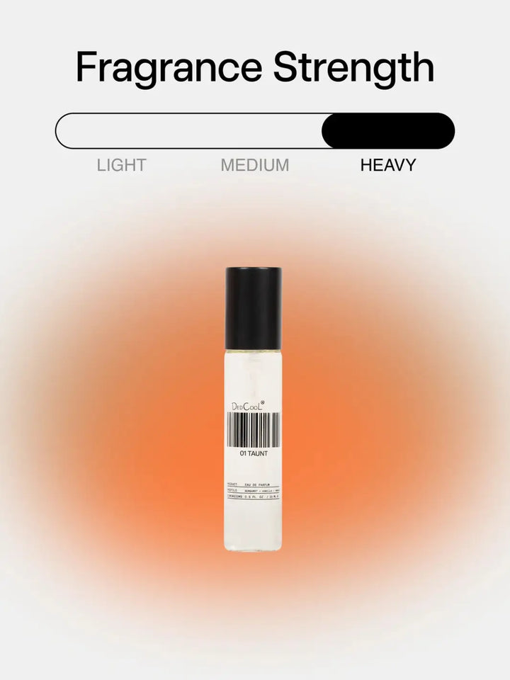 A travel size 15ml bottle of Dedcool Fragrance 01 "Taunt" in an orange gradient backdrop beneath a graphic showing a "Heavy" scent strength | Twentyseven Toronto
