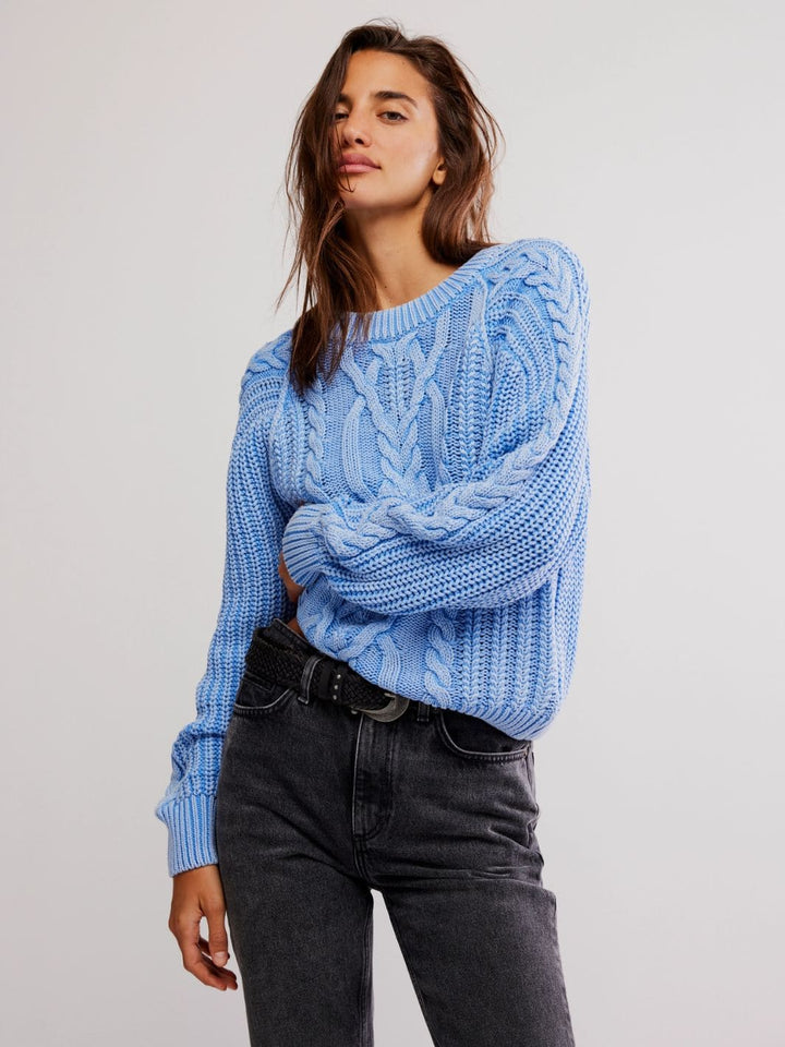 Free People Frankie Cable Sweater in Della Robbia Blue | Twentyseven Toronto