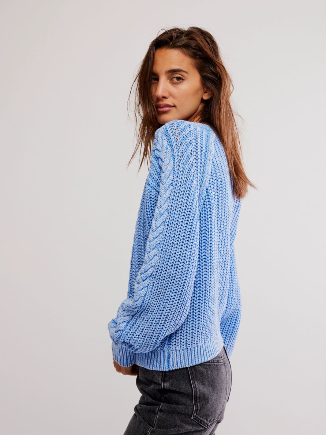 Free People Frankie Cable Sweater in Della Robbia Blue | Twentyseven Toronto