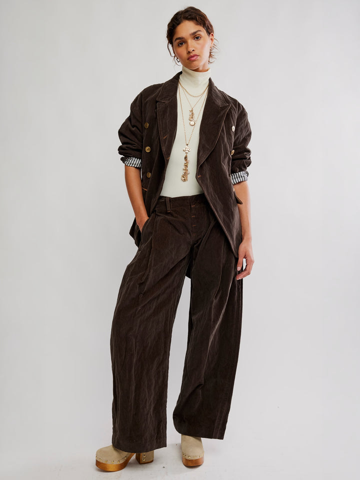 Free People Holding Onto This Trouser in brown styled with the matching brown blazer and cream top | Twentyseven Toronto